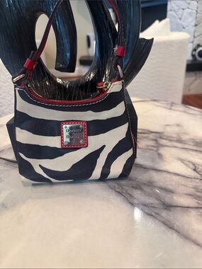Dooney & Bourke Black and Off White Zebra Mini Shoulder Bag with Red Trim
